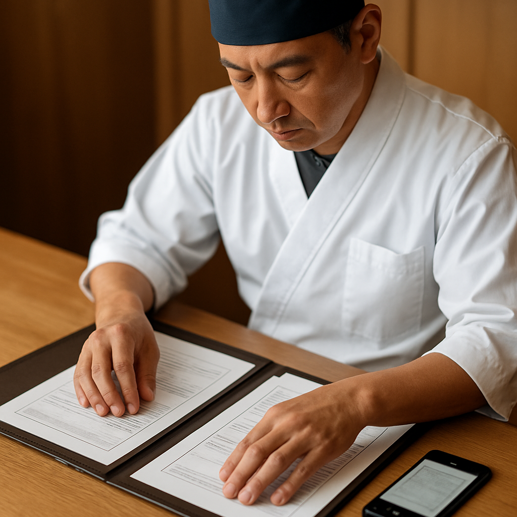 飲食店営業許可証を整理する飲食店オーナーの手元